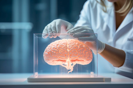 An intriguing image featuring a human brain in a laboratory, symbolizing the concept of mind manipulationの写真素材