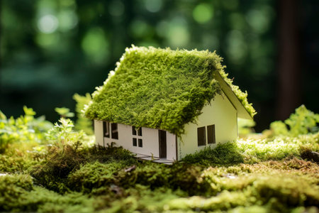 Paper-made house icon symbolizing green, environmentally conscious construction practicesの写真素材