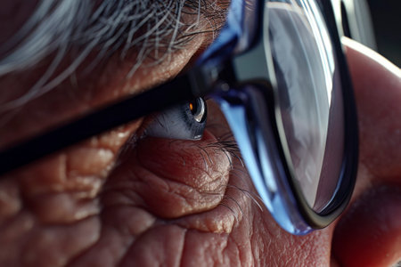 Macro shot of an aged, wrinkled eye behind a pair of spectaclesの写真素材