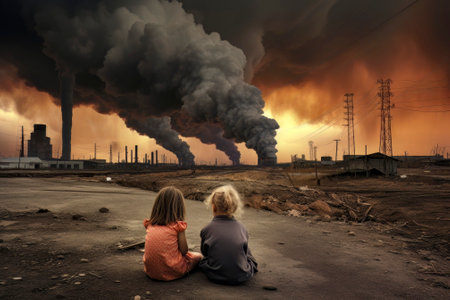 A powerful image of two children embracing, symbolizing hope and resilience, amidst a world polluted by factories, emphasizing the need for environmental awareness and change.の素材 [FY310208640049]