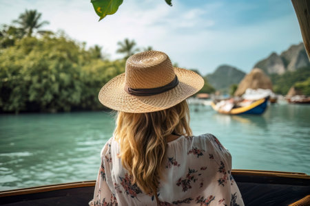 Capture the tranquility and relaxation as a young woman, adorned in a stylish straw hat, enjoys a peaceful momentの写真素材