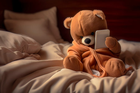 A lovable teddy bear holding a smartphone, showcasing the blend of traditional charm and modern technology.の写真素材