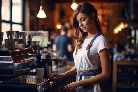 A skilled barista girl gracefully prepares and serves a delicious cup of espresso at a stylish coffee bar.の素材