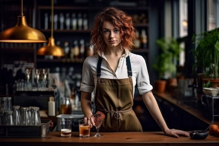 A skilled barista girl gracefully prepares and serves a delicious cup of espresso at a stylish coffee bar.の素材