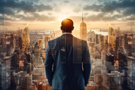Double exposure image merging a businessman's silhouette with a bustling cityscape.の素材