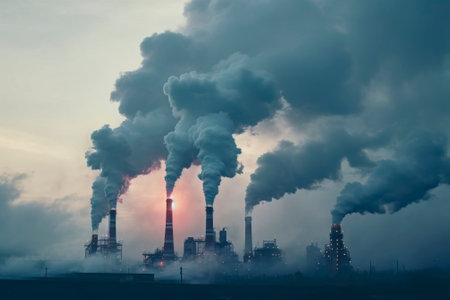 Industrial smoke stacks releasing emissions from a factory, signifying pollution.の素材