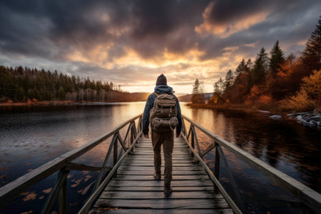 A stunning image capturing a backpacker's adventure as they walk across a wooden bridge over a serene lakeの素材