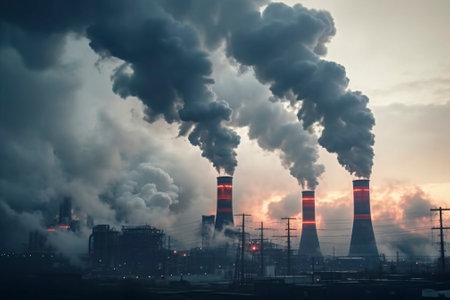 Industrial smoke stacks releasing emissions from a factory, signifying pollution.の素材