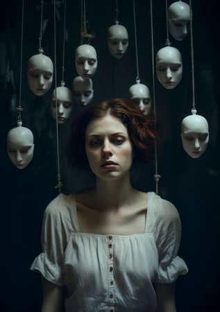 A captivating image of a woman with multiple faces hanging around her, representing the diverse aspects of her personality and identity.の素材