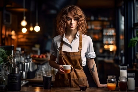 A skilled barista girl gracefully prepares and serves a delicious cup of espresso at a stylish coffee bar.の素材