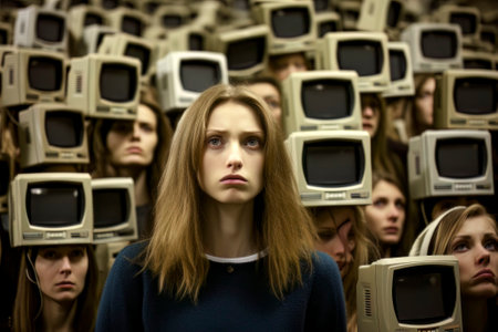 Image of a girl with her mind controlled by television, reflecting media influence.の素材