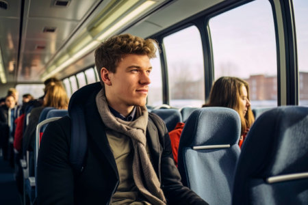 A captivating image capturing a man on a train, immersed in his travel experience, gazing out the window with curiosity and wonderの素材