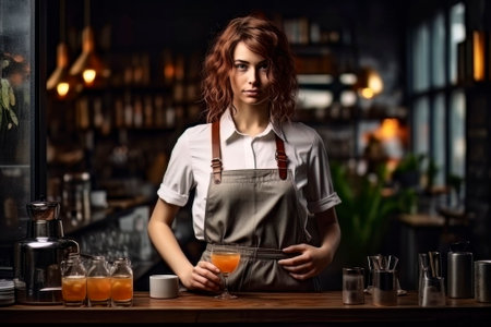 A skilled barista girl gracefully prepares and serves a delicious cup of espresso at a stylish coffee bar.の素材