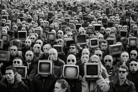 Crowd of people with minds controlled by television, illustrating the media's powerful influenceの素材