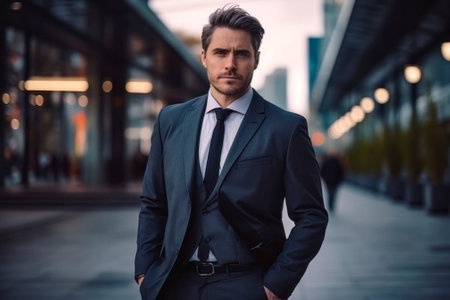 A confident businessman standing with a bustling modern cityscape in the background.の素材