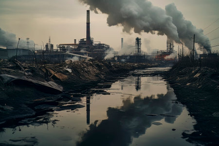 Depiction of smoky factories, symbolizing the serious issue of environmental pollutionの素材