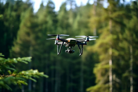 Aerial image of a drone in flight, capturing the innovation of modern technology.の素材