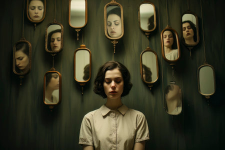 A captivating image of a woman with multiple faces hanging around her, representing the diverse aspects of her personality and identity.の素材