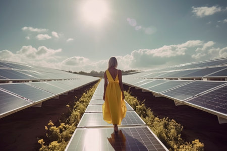 Confident businesswoman standing amidst solar panels, symbolizing sustainable businessの素材