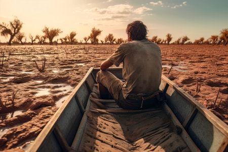 A man stands alone on a wooden boat amid a parched landscape, symbolizing the drastic effects of drunkの素材