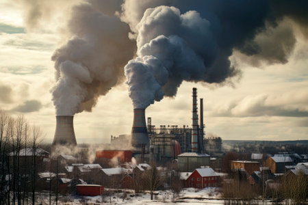 Industrial smoke stacks releasing emissions from a factory, signifying pollution.の素材