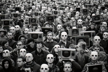 Crowd of people with minds controlled by television, illustrating the media's powerful influenceの素材