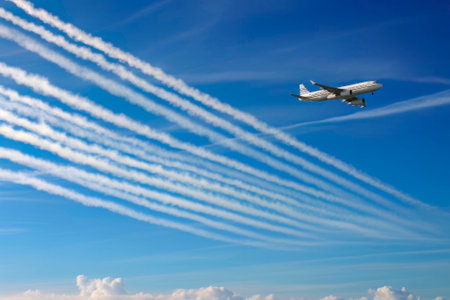 An intriguing image capturing an aircraft emitting trails in the sky, showcasing the atmospheric phenomenon of chemtrailsの素材