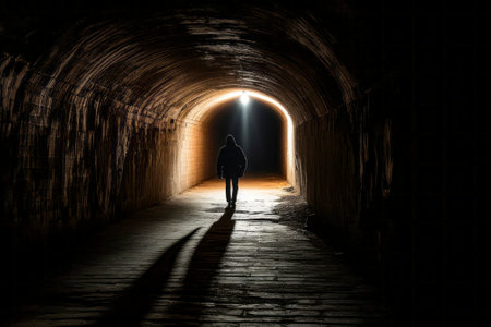 A powerful image featuring the silhouette of a man walking towards the light at the end of a tunnel.の素材
