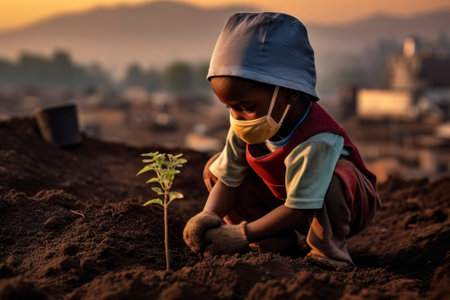 An inspiring image capturing a child planting a seedling in polluted and desolate soil, symbolizing the care for our polluted planet.の素材