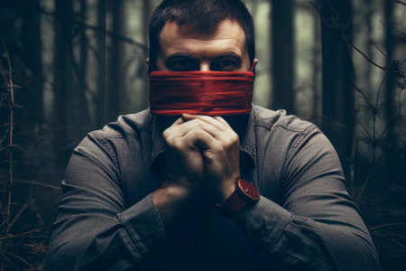 An impactful image portraying a man with a gagged mouth, serving as a powerful symbol of censorship.の素材