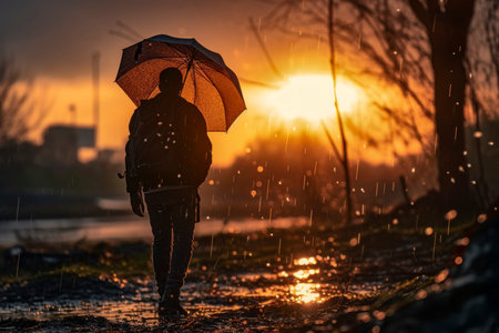 A captivating image of a man's silhouette holding an umbrella against a beautiful sunset backdrop.の素材