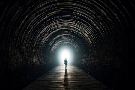 A powerful image featuring the silhouette of a man walking towards the light at the end of a tunnel.の素材