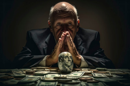 A thought-provoking image depicting a businessman with hands clasped in prayer, seeking guidance from a higher power amidst the symbol of money.の素材