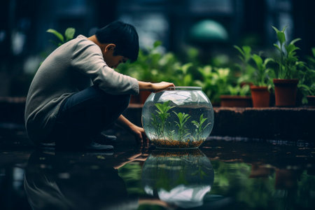 A powerful image featuring an Oriental boy symbolizing environmental care and responsibility.の素材
