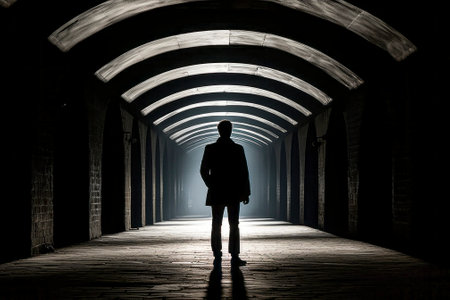 A powerful image featuring the silhouette of a man walking towards the light at the end of a tunnel.の素材