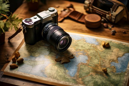 A captivating image showcasing adventure with a map and camera placed on a wooden table.の素材