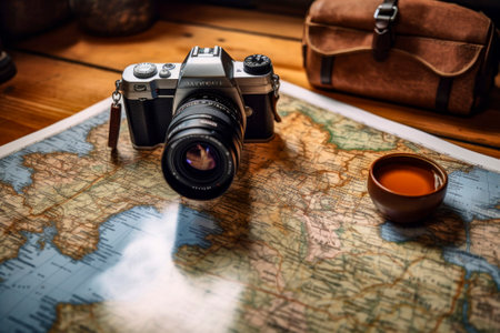 A captivating image showcasing adventure with a map and camera placed on a wooden table.の素材