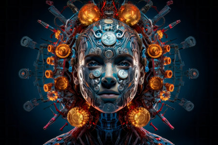 A striking 3D illustration featuring the face of a female humanoid AI, representing the advancement of artificial intelligences.の素材