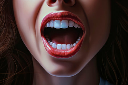 Vibrant red lipstick amplifies the power of a girl's screaming mouth, conveying strong emotions.の素材