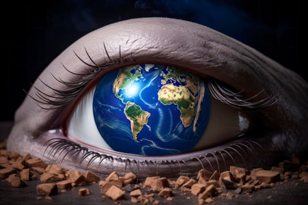 An impactful image portraying Earth within the pupil of an eye, symbolizing the importance of paying attention to the planet's conditions.の素材