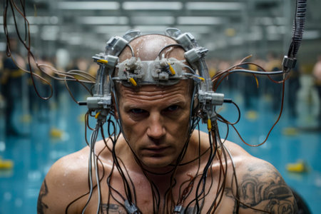 Image depicting a man with electrodes attached to his head, symbolizing human mind experiments.の素材