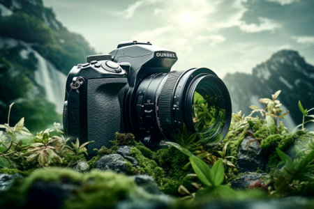 An inspiring image featuring a DSLR camera immersed in nature, symbolizing the art of nature photography.の素材