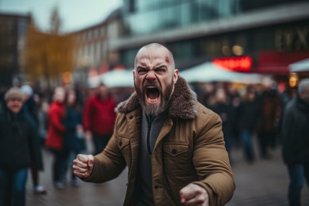 A powerful image capturing the raw anger and intense scream of a man.の素材