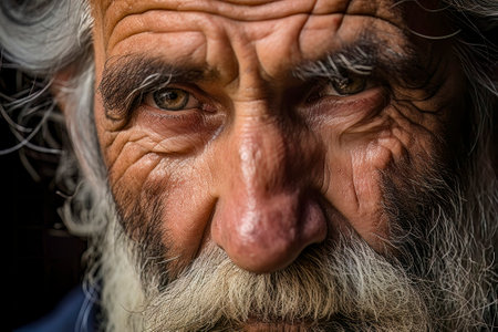 Image capturing the poignant expression in the eyes of an aged gentleman, reflecting a sense of melancholy.の素材