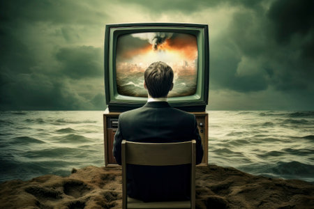Bizarre art of man engrossed in TV by the sea, oblivious to nuclear blast.の素材