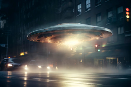 Image of a UFO in the night sky, depicting an alien abductionの素材