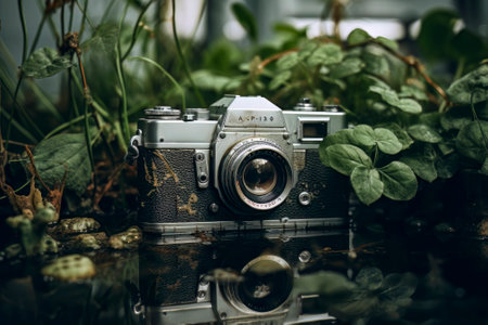 A captivating blend of vintage camera and nature elements symbolizing naturalistic photography.の素材