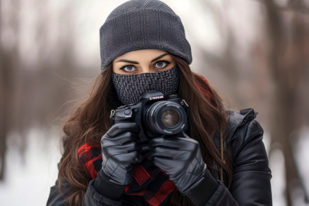 Image of a photographer braving the cold weather, holding a DSLR camera and wearing a scarf to protect her mouth.の素材