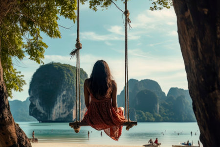A traveler woman finds tranquility and relaxation as she swings above the crystal-clear waters of the Andaman Sea.の素材
