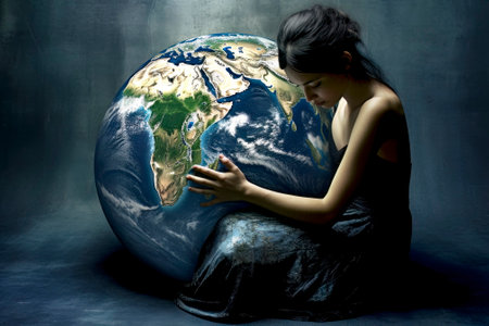 An impactful image depicting a girl embracing a saddened planet, symbolizing the importance of taking care of our distressed world.の素材